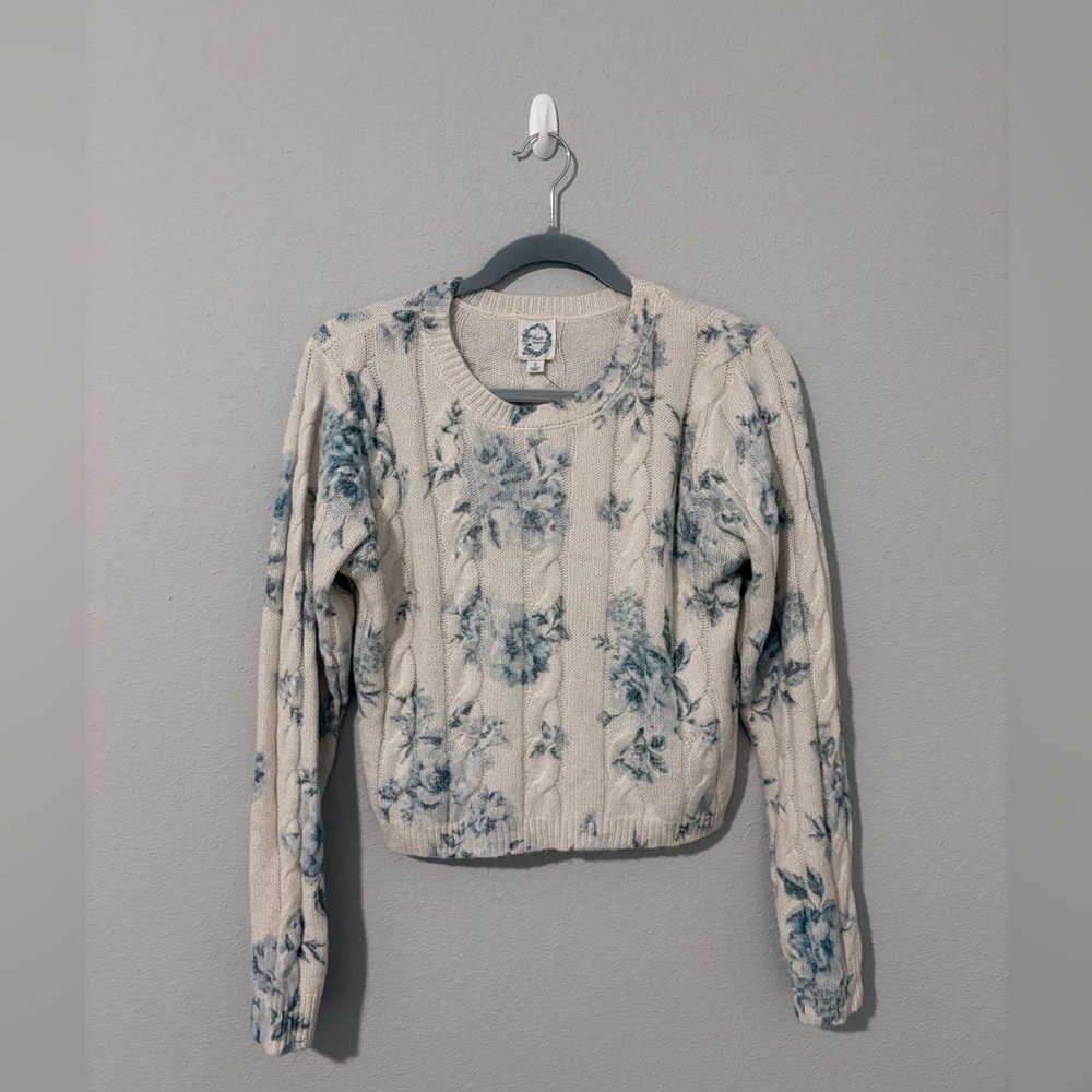 Floral Knit Sweater - Cream and Blue